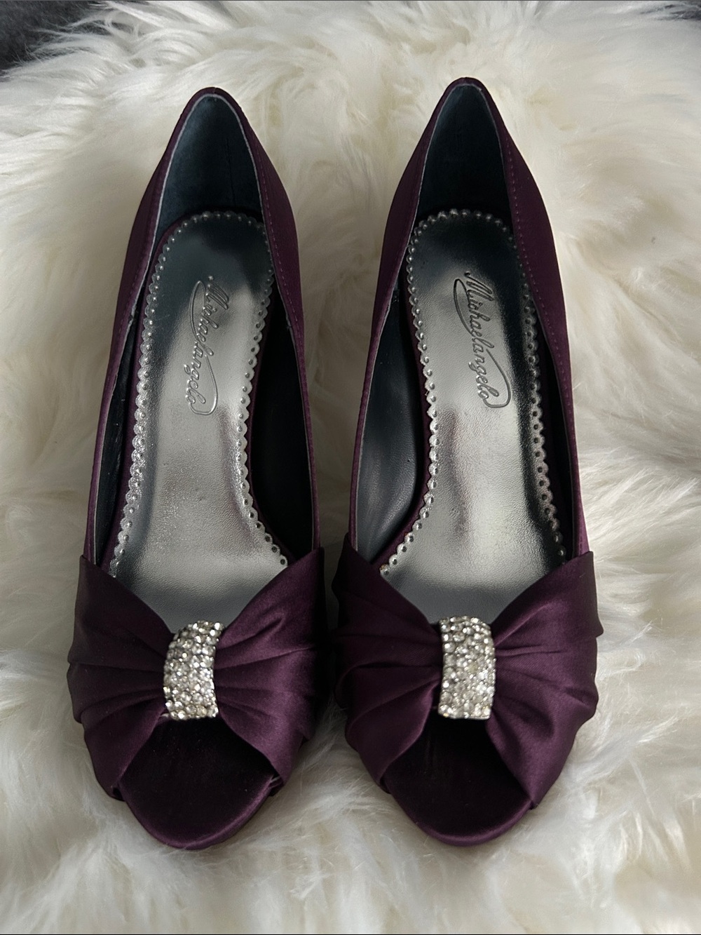 Michaelangelo Plum Satin Peep-Toe Heels with Crystal Bow